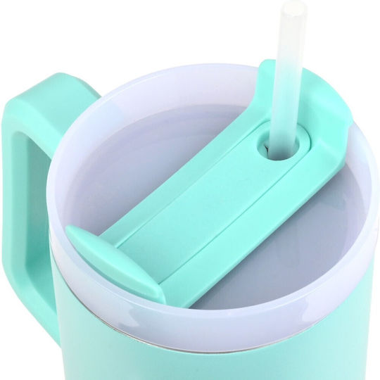 Estia Straw Tumbler XL Save the Aegean Recyclable Handled Tumbler Thermos Stainless Steel BPA Free 1.2lt Bermuda Green with Straw and Handle