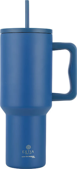 Estia Straw Tumbler XL Save the Aegean Recyclable Handled Tumbler Thermos Stainless Steel BPA Free 1.2lt Denim Blue with Straw and Handle