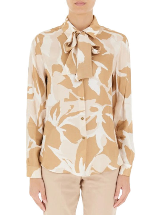 Langärmelig Damen Satin,σατεν Hemd Multicolor Beige/ecru Blumen