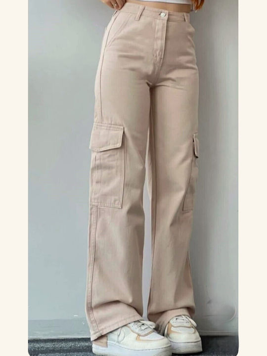Women's High-waisted Fabric Cargo Trousers Straight Line Beige