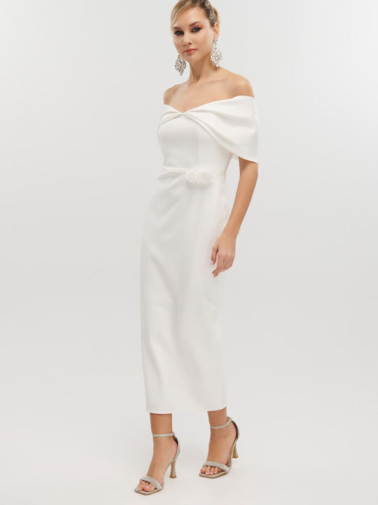 Midi Dress for Wedding / Baptism Satin Off-Shoulder White