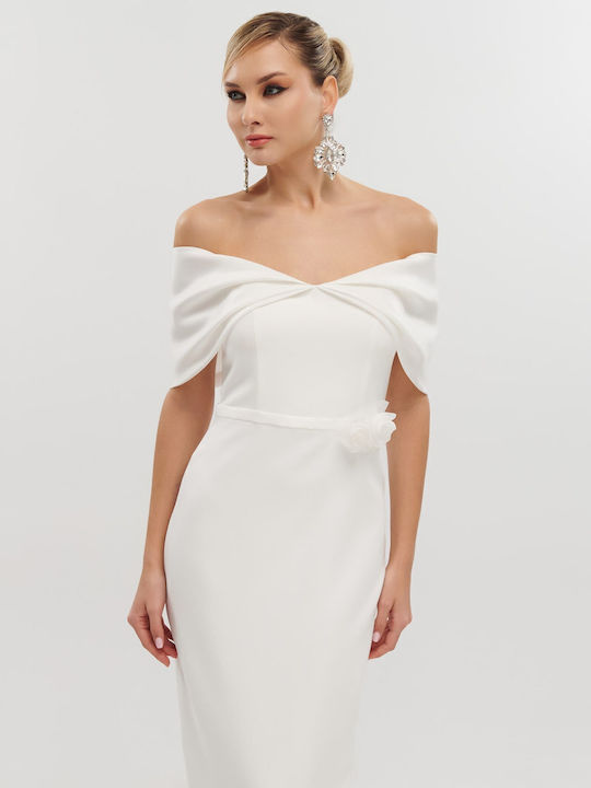 Midi Dress for Wedding / Baptism Satin Off-Shoulder White