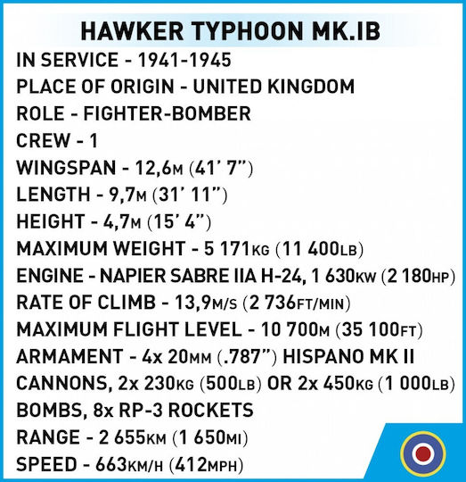 Cobi Bauklötze Historical Collection World War II Hawker Typhoon Mk.1B für 7+ Jahre 190 Stück