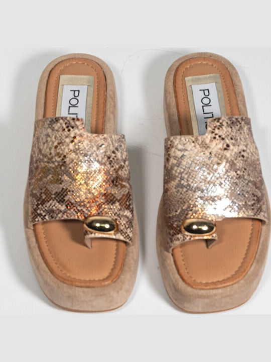 Leather Mules with Low Heel in Gold Color