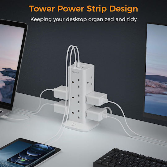 Tessan Πολύπριζο 12 Θέσεων με 3 USB-A, Διακόπτη και Καλώδιο 2m