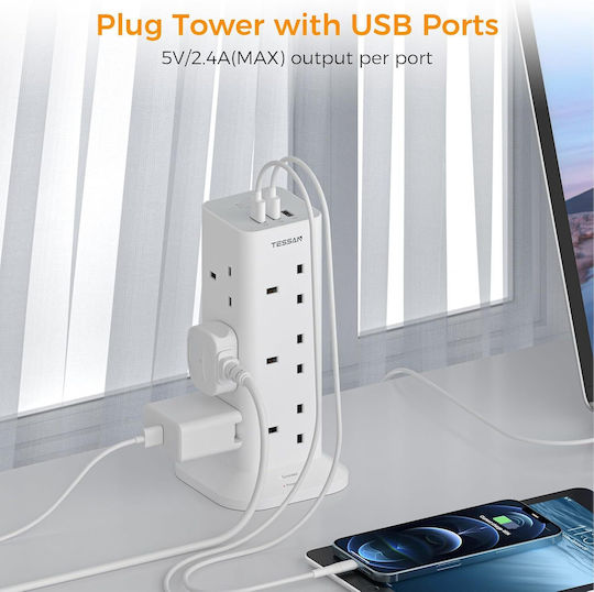 Tessan Πολύπριζο 12 Θέσεων με 3 USB-A, Διακόπτη και Καλώδιο 2m