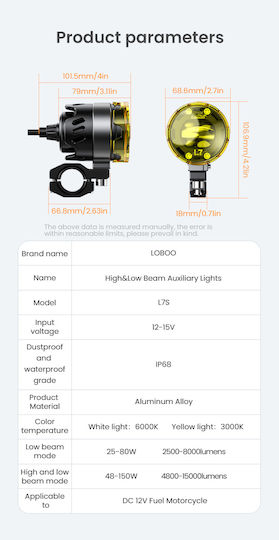 Loboo L7s Motorcycle Auxiliary Lights – 15000lm High Low Beam Driving Fog Lamps