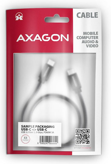 Axagon Braided USB 3.2 Cable USB-C male - USB-C 60W PD Μαύρο 1.5m BUCM3-CM15AB