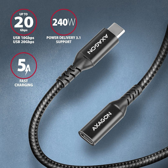 Axagon Braided USB 2.0 Cable USB-C male - USB-C female 240W PD Μαύρο 1.5m BUCM32-CF15AB
