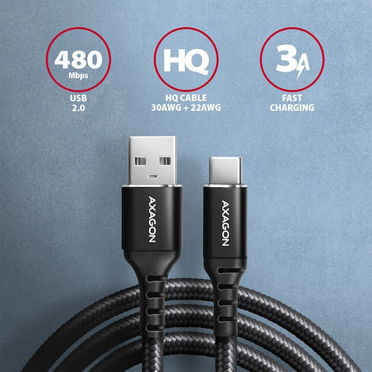 Axagon Braided USB 2.0 Cable USB-C male - USB-A 60W Black 1.5m (BUCM-AM15AB)