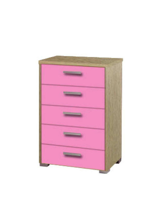 Kids Chest of Drawers Oak-Pink with 5 Drawers 63x46x90cm