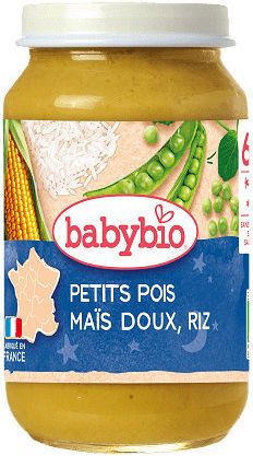 Babybio Пюре от плодове и зеленчуци с вкус Грах - Сладка царевица и ориз 200гр за 6+ месеца