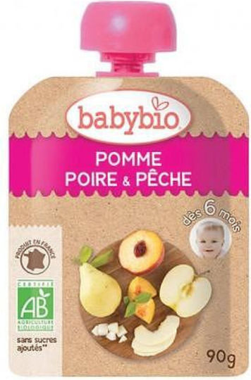 Babybio Frucht-Gemüse-Püree mit Geschmack Apfel - Pfirsich - Birne 90gr für 6+ Monate