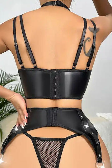 Set De Lenjerie Sexy Intimă Erotic 4 Piese Pentru Femei Din Piele Ecologică Plasă De Pește Accesorii Metalice Negru