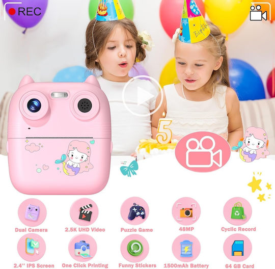 D8 Γοργόνα Kinderkamera 2MP mit Thermodruck Optischer Zoom 8x Rosa