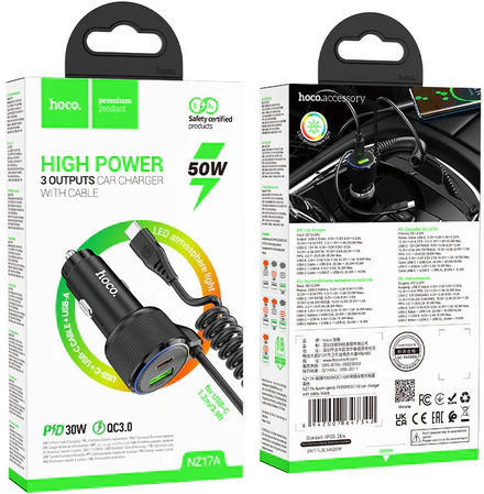 Hoco Încărcător Auto 50W cu Porturi: 1xUSB 2xType-C împreună cu Cablu Type-C Negru Culoare