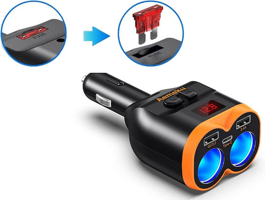 Verk Group Verk Group Autoladegerät 80W 4A Schnellladen mit 2xUSB-A 1xType-C 2xLeichter Eingebettetes Kabel und Voltmeter Schwarz