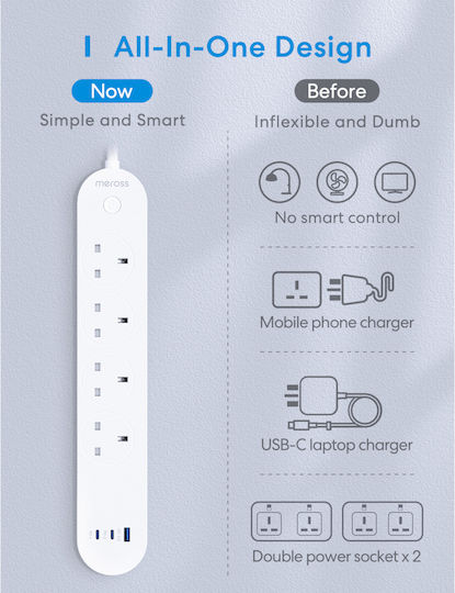 Meross Smart Power Strip 4 Positions with 1 USB-A, USB-C and Switch