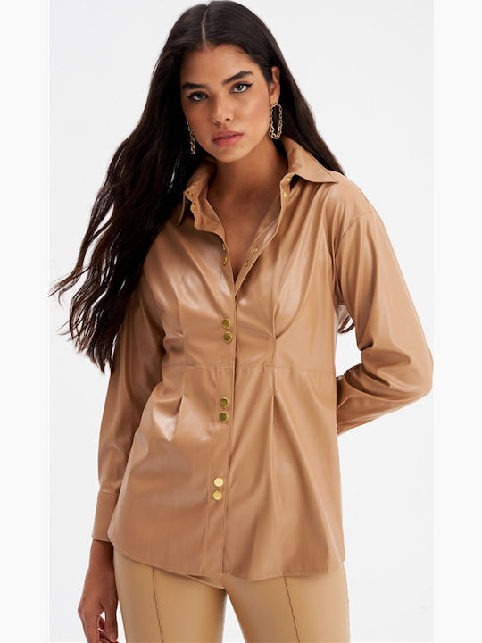 Women's Leather Long Sleeve Shirt Hazelnut