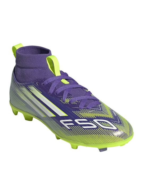 F50 League Mid MG Ghete De Fotbal Pentru Copii Cu Crampoane Violet Rush / Alb Nor / Lămâie Lucidă