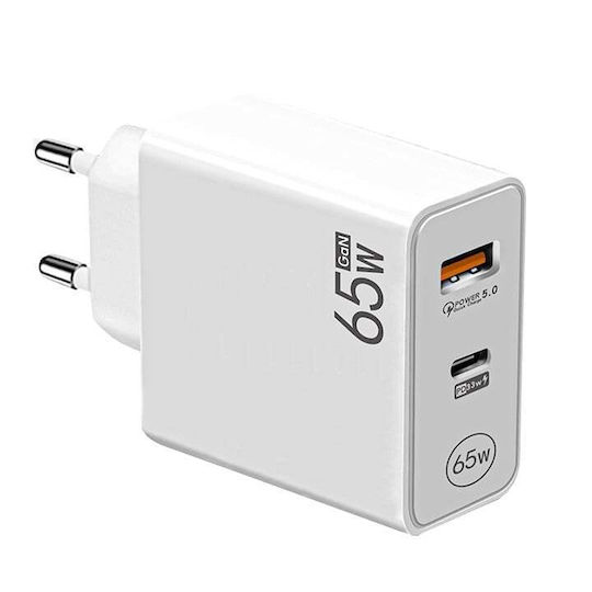 Încărcător Fără Fir Cu Port USB-A Și Port USB-C 65W Livrarea Energiei Alb