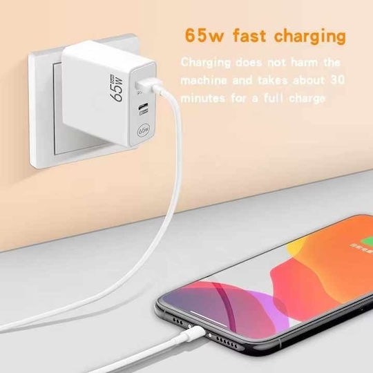Încărcător Fără Fir Cu Port USB-A Și Port USB-C 65W Livrarea Energiei Alb
