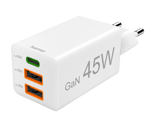 HAMA Charger with Built-in Cable GaN with USB-A Port and 2 USB-C Ports 45W Power Delivery Whites (00201995)
