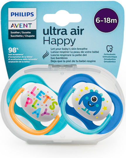 Philips Ultra Air Orthodontic Pacifiers Silicone Ultra Air Happy for 6-18 months 2pcs