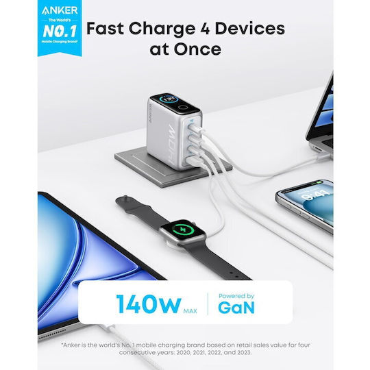 Anker Φορτιστής με Θύρα USB-A και 3 Θύρες USB-C και Καλώδιο USB-C - USB-C 140W Power Delivery Γκρι (Zolo)