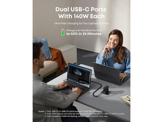 Anker Φορτιστής GaN με Θύρα USB-A και 3 Θύρες USB-C και Καλώδιο USB-C - USB-C 140W Power Delivery Μαύρος (B2697)