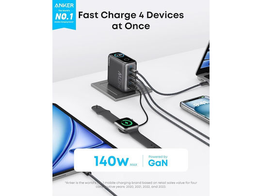 Anker Φορτιστής GaN με Θύρα USB-A και 3 Θύρες USB-C και Καλώδιο USB-C - USB-C 140W Power Delivery Μαύρος (B2697)