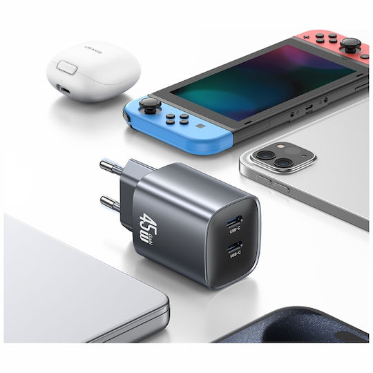 Usams Ladegerät ohne Kabel GaN mit 2 USB-C Anschlüsse 45W Stromlieferung Tarnish (CC305)