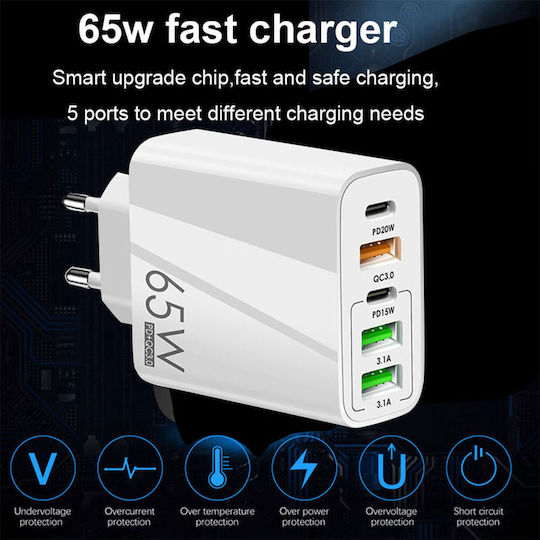 Techsuit Зарядно без кабел с 3 USB-A порта и 2 USB-C порта 20W Power Delivery / Quick Charge 3.0 Черен (CHC2)