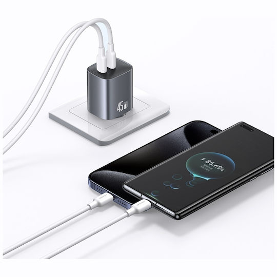 Usams Ladegerät ohne Kabel GaN mit 2 USB-C Anschlüsse 45W Stromlieferung Tarnish (CC305)
