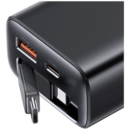 Usams Ladegerät mit integriertem Kabel GaN mit USB-A Anschluss und USB-C Anschluss USB-C 30W Stromlieferung Schwarzs (CC296)