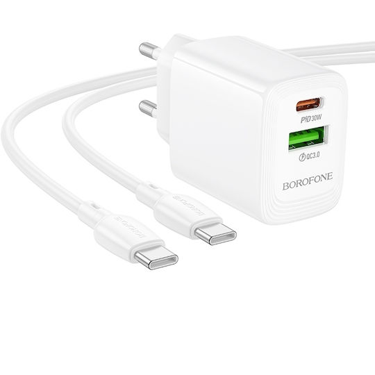 Borofone Charger GaN with USB-A Port and USB-C Port and Cable USB-C - USB-C 30W Power Delivery / Quick Charge 3.0 Whites (BN29)