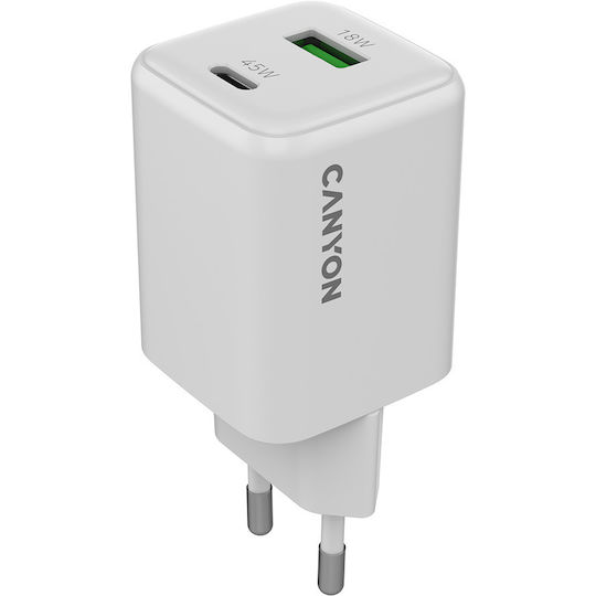 Canyon Încărcător Fără Fir GaN Cu Port USB-A Și Port USB-C 45W Livrarea Energiei Alb