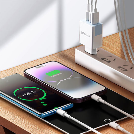 BWOO Încărcător Fără Cablu cu Port USB-A și 2 Porturi USB-C 40W Livrarea energiei / Quick Charge 3.0 Albς (CDA133)