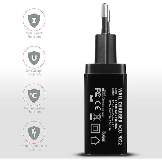 Axagon Φορτιστής Χωρίς Καλώδιο 22W Quick Charge 3.0 Μαύρος (ACU-PD22)