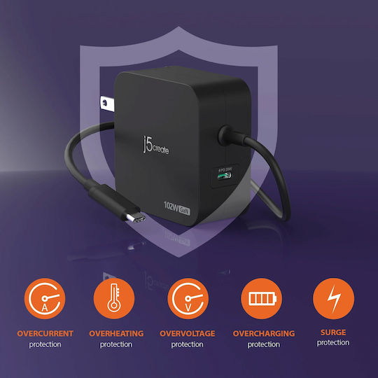 J5create Charger with Built-in Cable GaN with USB-C Port USB-C 102W Power Delivery Blacks (JUP25102V-N)