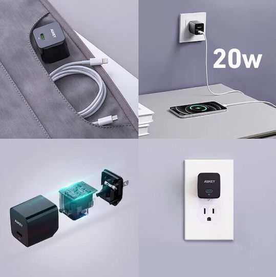 Aukey Φορτιστής Χωρίς Καλώδιο με Θύρα USB-C 20W Power Delivery Μαύρος (PA-Y20S Minima)