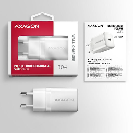 Axagon Charger Without Cable with USB-C Port 30W Power Delivery / Quick Charge 3.0 Whites