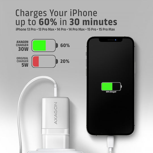 Axagon Charger Without Cable with USB-C Port 30W Power Delivery / Quick Charge 3.0 Whites