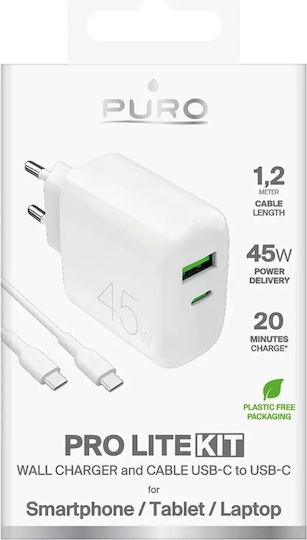 Puro Charger with USB-A Port and USB-C Port and Cable USB-C - USB-C 45W Power Delivery Whites (Prolite)
