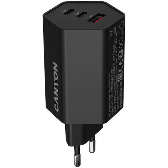 Canyon Φορτιστής Χωρίς Καλώδιο GaN με Θύρα USB-A και 2 Θύρες USB-C 65W Power Delivery Μαύρος (Hexagon 65)