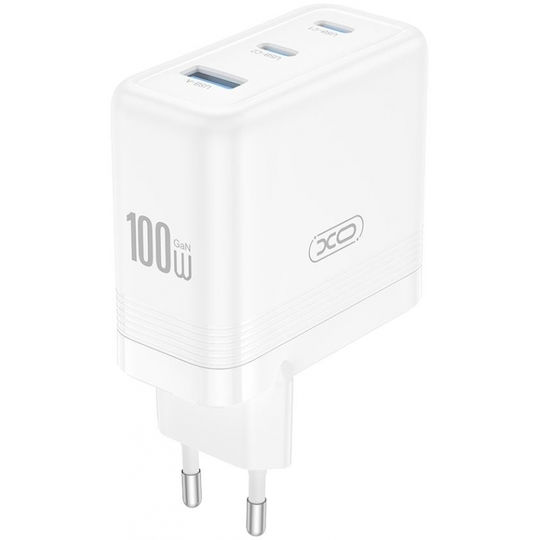 XO Зарядно без кабел GaN с USB-A порт и 2 USB-C порта 100W Power Delivery / Quick Charge 3.0 Бял (CE35)