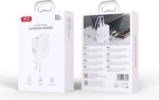 XO Зарядно без кабел GaN с USB-A порт и 2 USB-C порта 100W Power Delivery / Quick Charge 3.0 Бял (CE35)