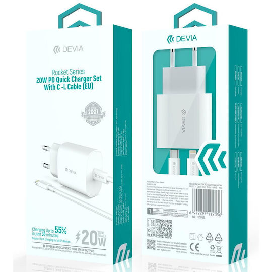 Devia Charger GaN with USB-C Port and Cable USB-C - Lightning 20W Power Delivery Whites (Rocket)