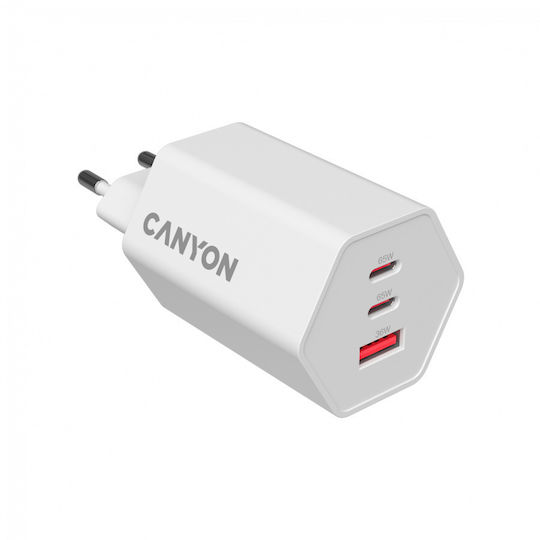 Canyon Φορτιστής Χωρίς Καλώδιο GaN με Θύρα USB-A και 2 Θύρες USB-C 65W Power Delivery Λευκός (CND-CHAHEX65W)