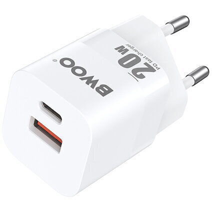 BWOO Зарядно без кабел GaN (Галуниев нитрид) с USB-A порт и USB-C порт 20W Доставка на енергия / Бързо зареждане 3.0 Бял (CDA156)